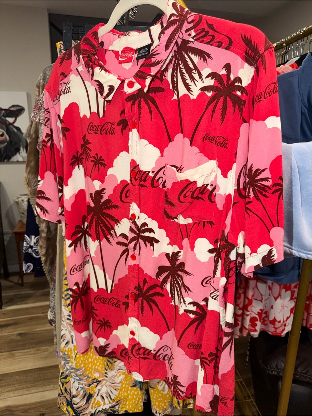Coca Cola Men’s Pink & Red Hawaiian Short Sleeve Button-Down Shirt XXL